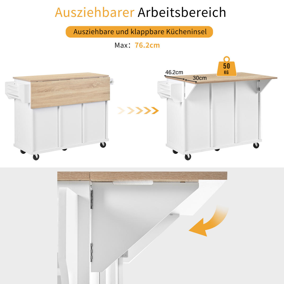KÜCHENINSEL 112/46,2-76,2/92,7 cm aus MDF mit ausziehbarer Arbeitsplatte, Abfallfach und Rollen, Weiß/Natur - Weiß, Holzwerkstoff (112/92.7/76.2cm) - Redom