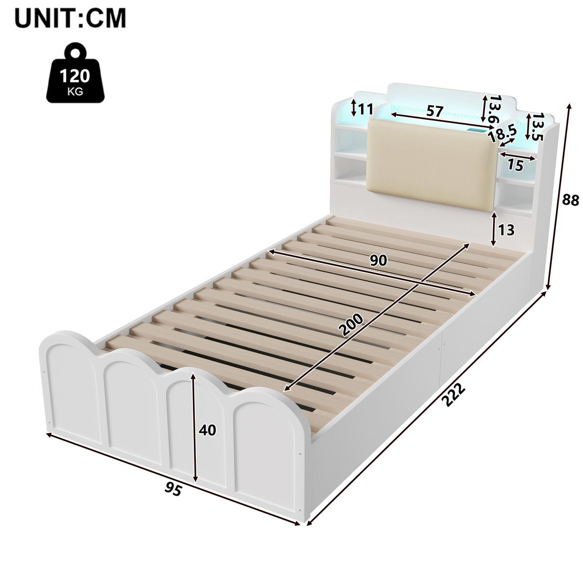 KINDERBETT 90/200 cm aus Holz mit hydraulischem Stauraum, LED-Beleuchtung, USB- und USB-C-Anschluss, Weiß - Weiß, Holz (90/200cm) - Redom