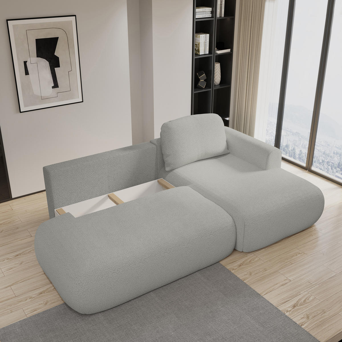 ECKSOFA NUVIRA R-S Schwarz Boucle-Stoff mit Schlaffunktion - Schwarz, Holz (274/165cm) - MASSENO