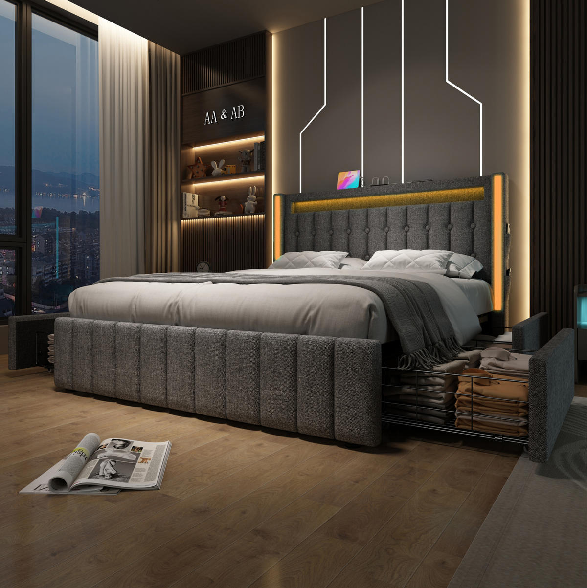 POLSTERBETT mit LED, USB und 4 Schubladen 160x200 cm Leinen Grau - Grau, Metall (160/200cm) - Meubliv