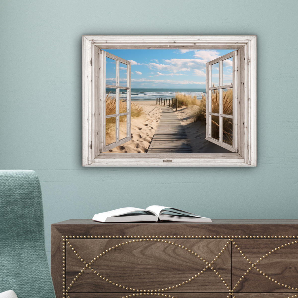 LEINWANDBILD Fenster - Meer - Küste - Natur - Ausblick - Strand - Wattenmeer 40x30 cm - Beige, Textil (40/30cm) - MuchoWow