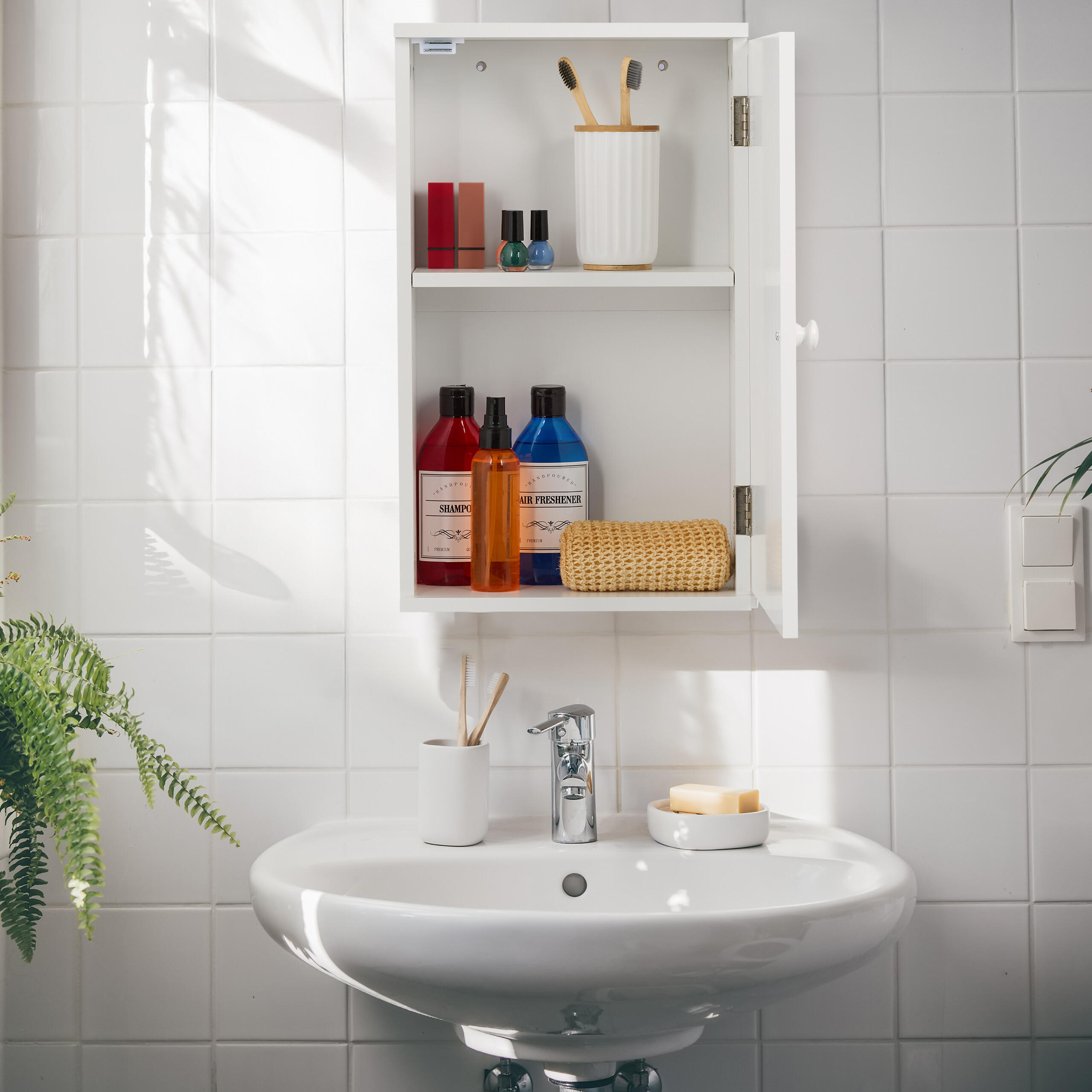 BADSCHRANK - Weiß Hochglanz/Weiß, Holzwerkstoff/Metall (30/50/15.5cm) - Relaxdays