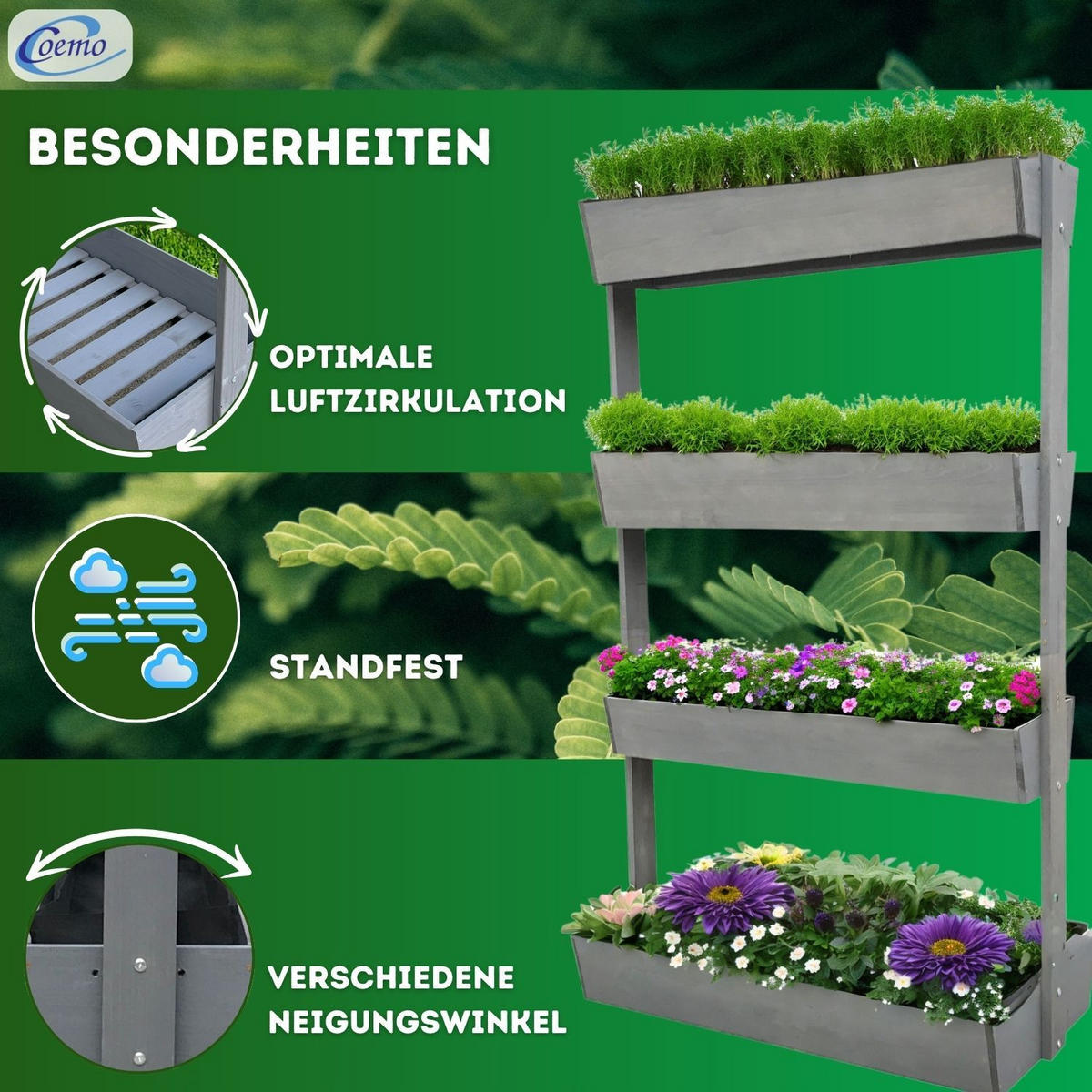 VERTIKALBEET VERA 85/45/140 cm - Grau, Holz (45/140/85cm) - Coemo