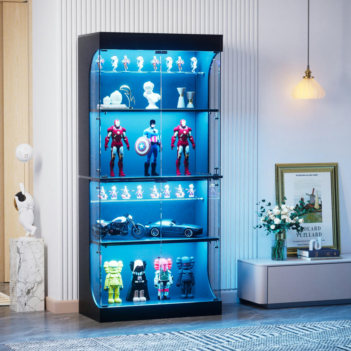 VITRINE 80/35/165 cm in Schwarz mit LED-Beleuchtung und USB- und Type-C-Anschlüssen - Schwarz, Glas (80/165/35cm) - Flora Grace