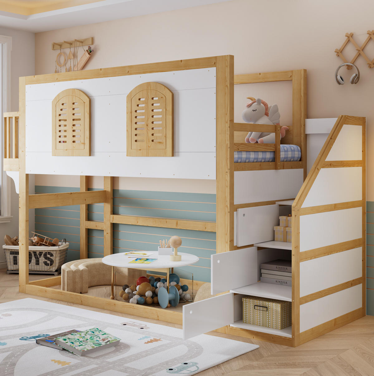 HOCHBETT 90x200 cm in Natur/Weiß mit Treppenschrank und Spielfläche - Weiß, Holz (90/200cm) - IVMEU