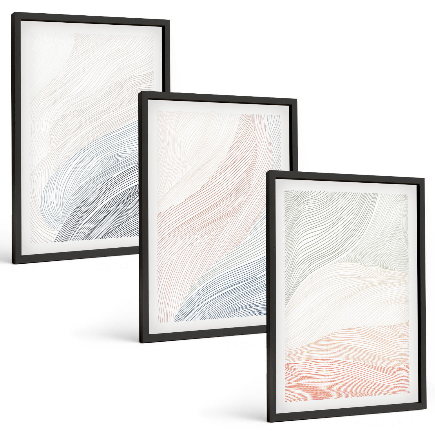 BILDER SET 3er Set - 40x60 cm Schwarzer Rahmen - Abstrakte Wellen, Karton, Pastell - Schwarz, Kunststoff (40/60cm) - TULUP