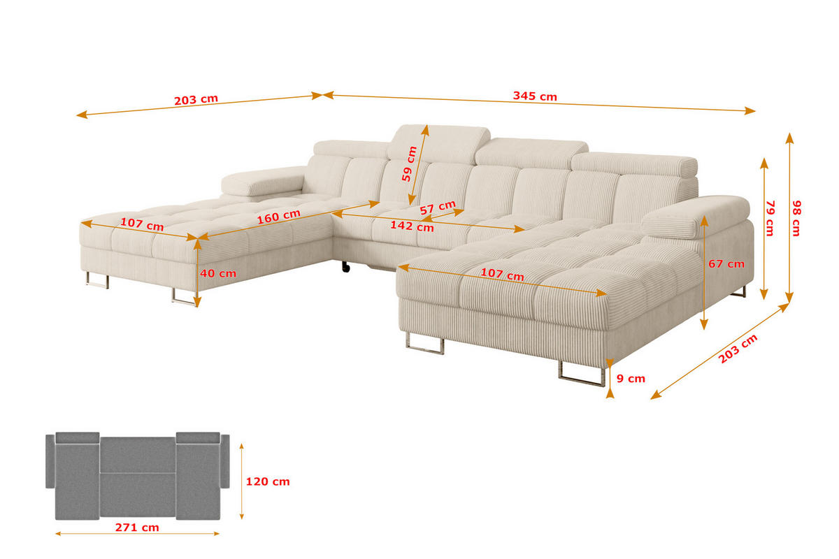 WOHNLANDSCHAFT mit Schlaffunktion und Bettkasten COMA U2 345x203x79 Beige Cord - Beige, Holzwerkstoff/Textil (345/79/203cm) - ALTDECOR