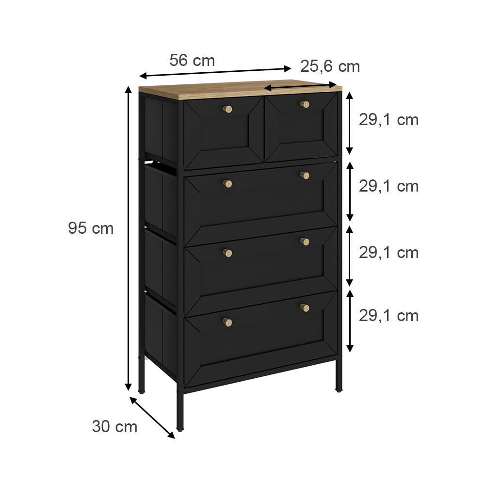 KOMMODE Belaro Schwarz 56 x 95 cm mit 5 Schubladen - Schwarz, Holzwerkstoff (56/95/30cm) - Vicco