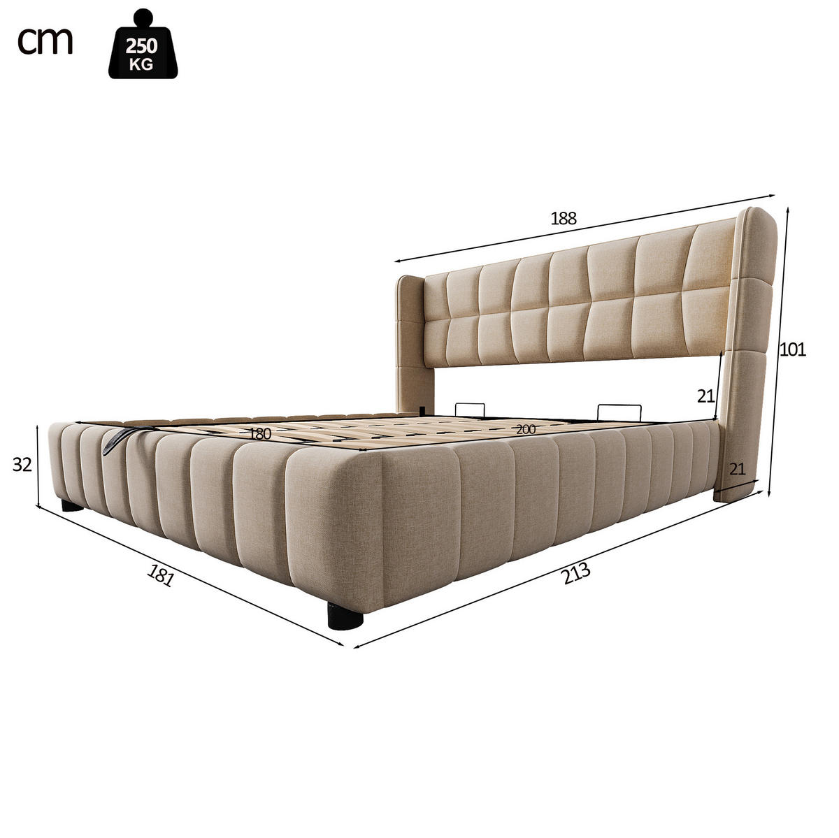 ČALOUNĚNÁ postel 180/200 cm béžová z látky s úložným prostorem a roštem - béžová, textil (180/200cm) - OKWISH