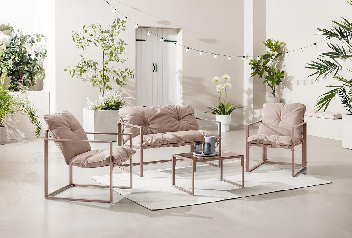 GARTENSITZGRUPPE - Eisen / Polyester - Schwarz / Grau - 4-teilig - Beige, Glas/Textil - home24