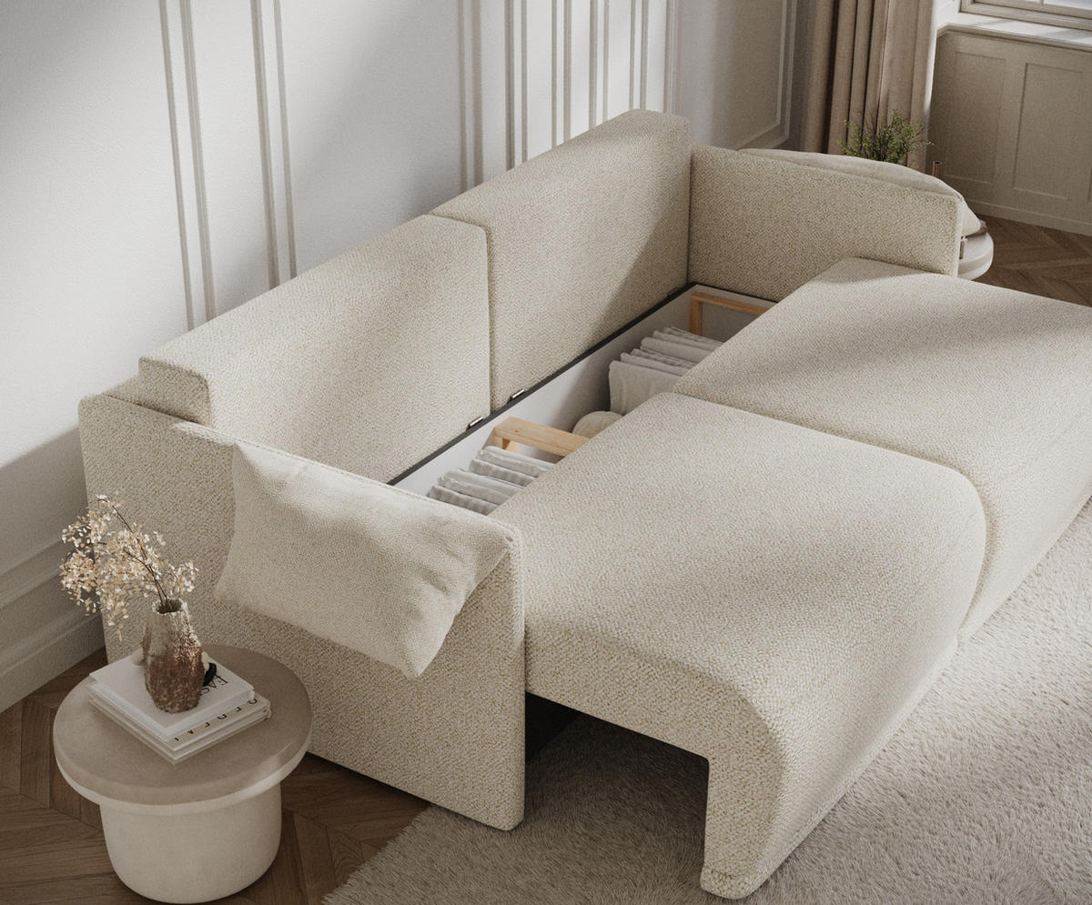 SCHLAFSOFA MIT ECKSOFA-FUNKTION Nappa Creme Plüschstoff - Creme/Schwarz, Holz/Holzwerkstoff (215/100/112cm) - Maison de Reve