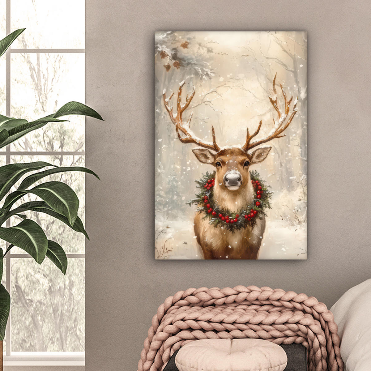 LEINWANDBILD Weihnachten - Rentier - Winter - Kranz 40x60 cm - Naturfarben, Textil (40/60cm) - MuchoWow