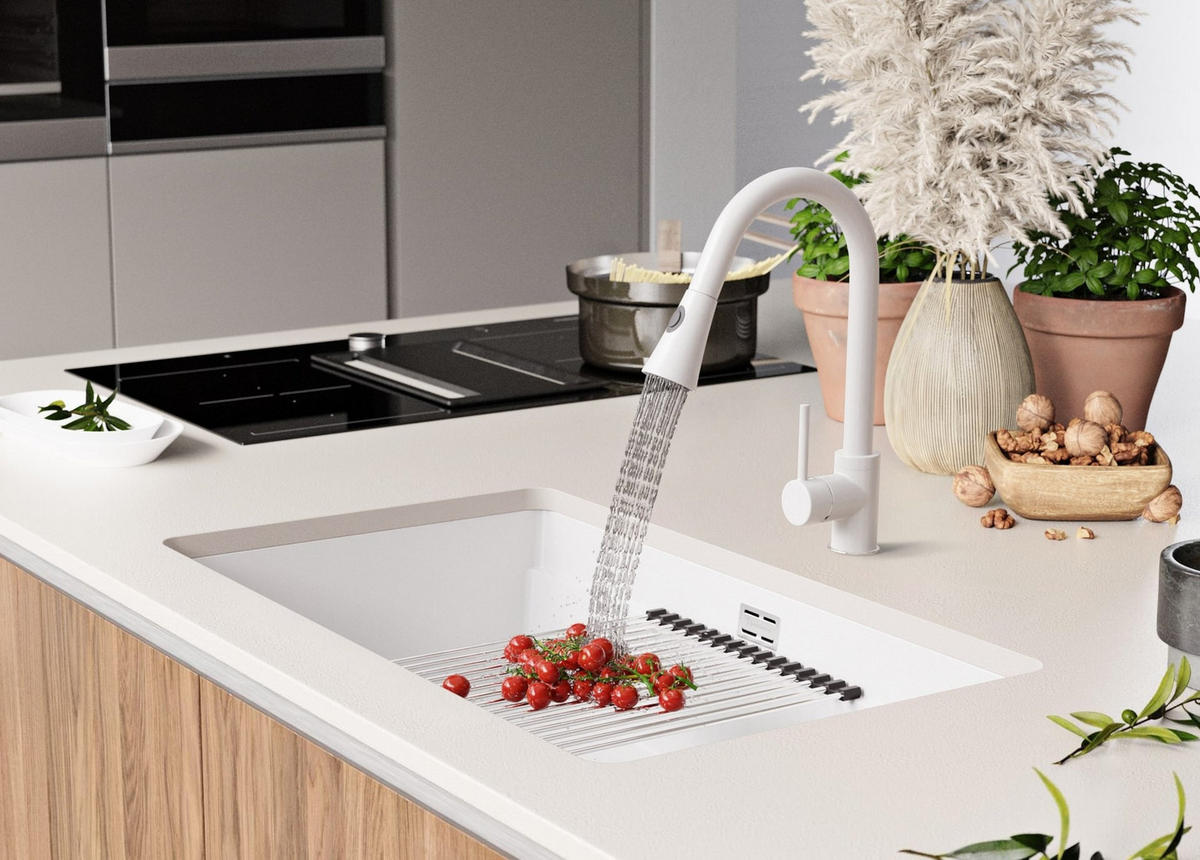 UNTERBAUSPÜLE GRANIT Praga, 2-er set Weiß 76/47 cm 1 Becken + Ablauf-Set + Aufrollbare Abtropffläche ab 80er Unterschrank - Chromfarben/Weiß, Kunststoff (76/20/47cm) - Primagran