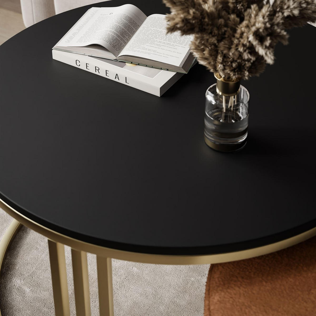 COUCHTISCH mit Hocker LORI MAT gebürstetes Gold/schwarz matt/Perfect Harmony 52 - Schwarz, Metall (70/70/49cm) - Lookway