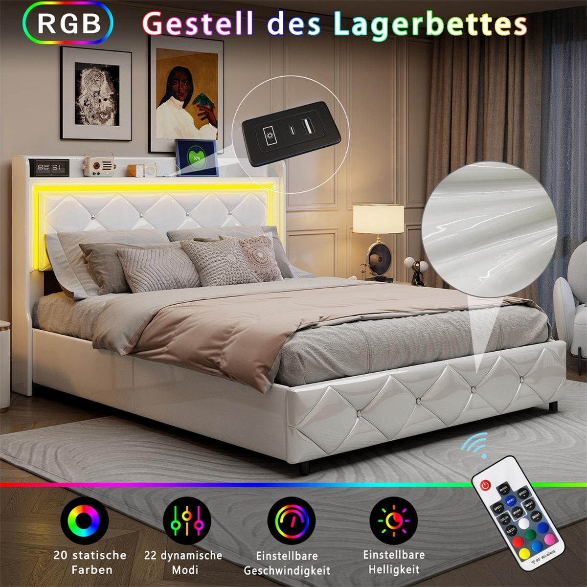 POLSTERBETT 140x200 cm mit LED-Beleuchtung , USB-Ladestation und hydraulischer Hebefunktion - ohne Matratze - Weiß, Textil (140/200cm) - DELFA