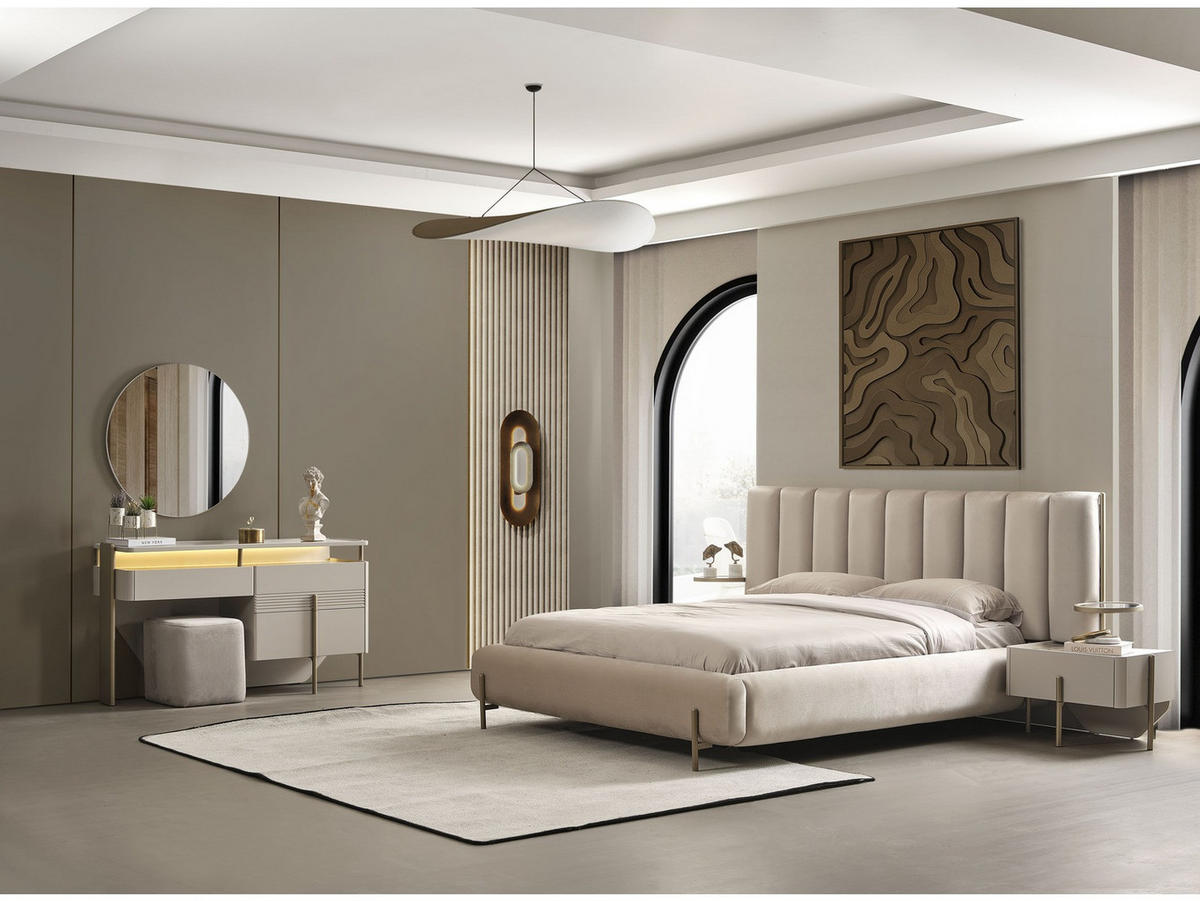 BETTANLAGE VEGA Schlafzimmer-Set, 5-teilig, Beige, Bett mit Kopfteil, 2 Nachttische, Kleiderschrank und Kommode - Beige, Holzwerkstoff (160/200cm)