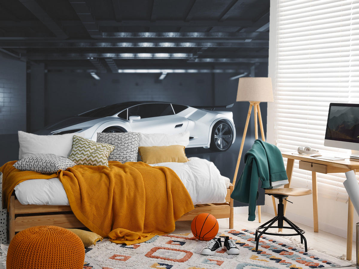 FOTOTAPETE für Jugendzimmer Weißes Sportwagen Untergrundgarage Modern 150x105 - Schwarz/Weiß, Papier (150/105cm) - Muralo