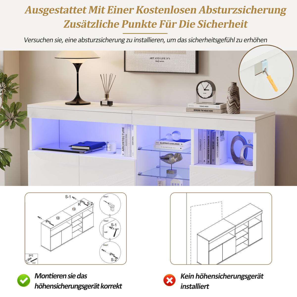 SIDEBOARD in Weiß Hochglanz mit App-gesteuerter LED - Weiß, Holzwerkstoff (155/72/35cm) - Urban Meuble