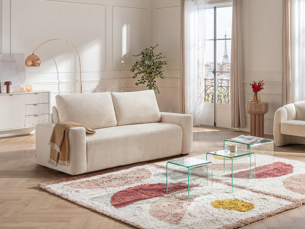 3-SITZER Schlafsofa – Strukturstoff – Beige – Liegefläche 140 cm – Matratze 13 cm – DAVISO - Beige, Textil (210/88/103cm) - Vente-Unique