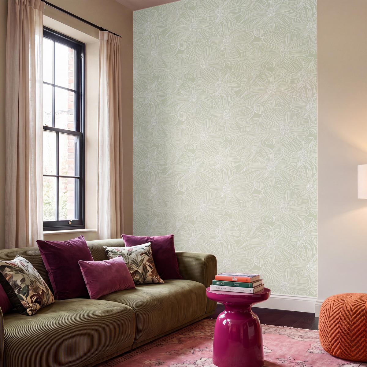 TAPETE - Gelassenheit - Blumen - Grün - 160x280 cm - Salbeigrün, Papier (160/280cm) - OnlyWow