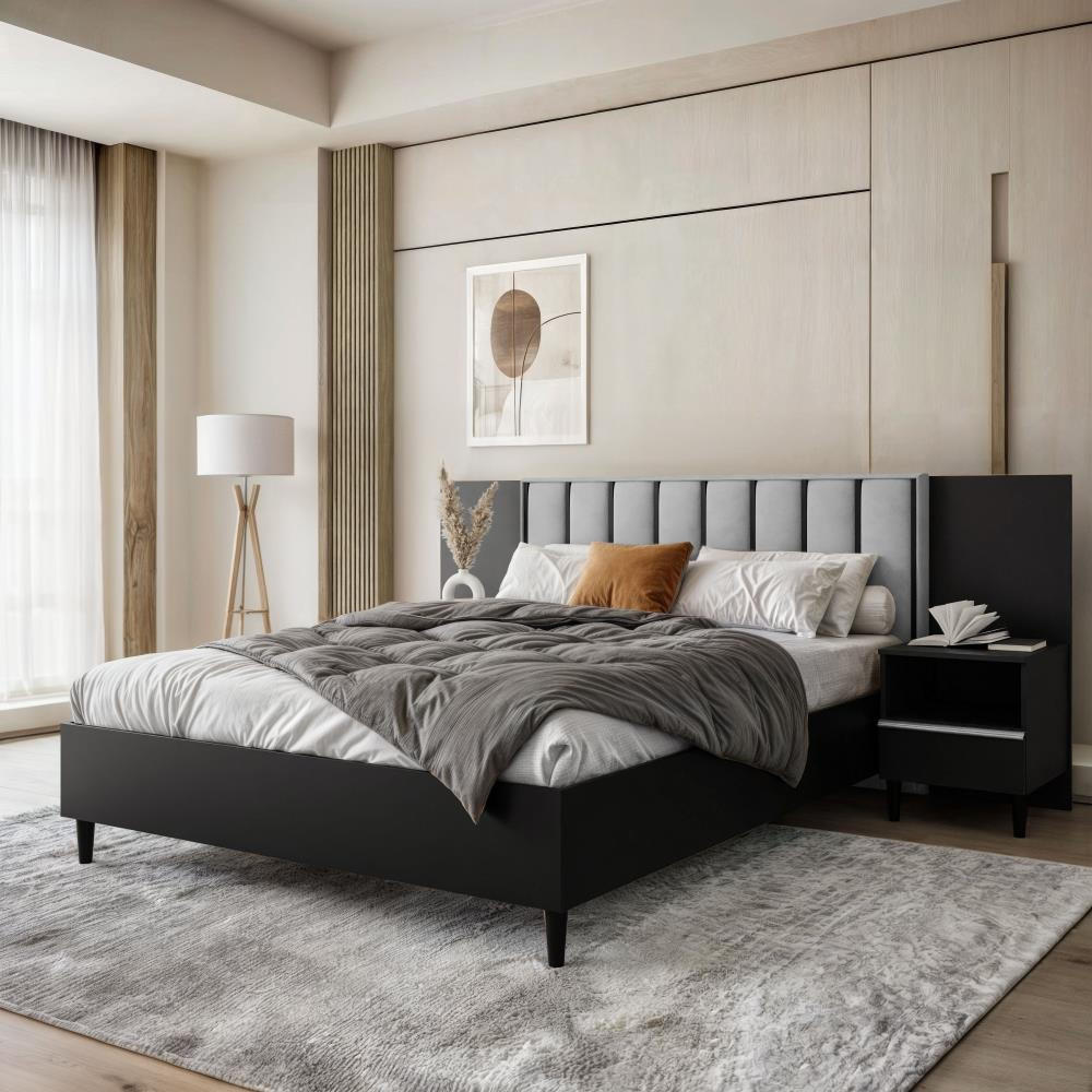 POLSTERBETT Stella 166/211/108 mit 1 Nachttisch grau - Schwarz/Grau, Holzwerkstoff/Textil (160/200cm) - Beautysofa