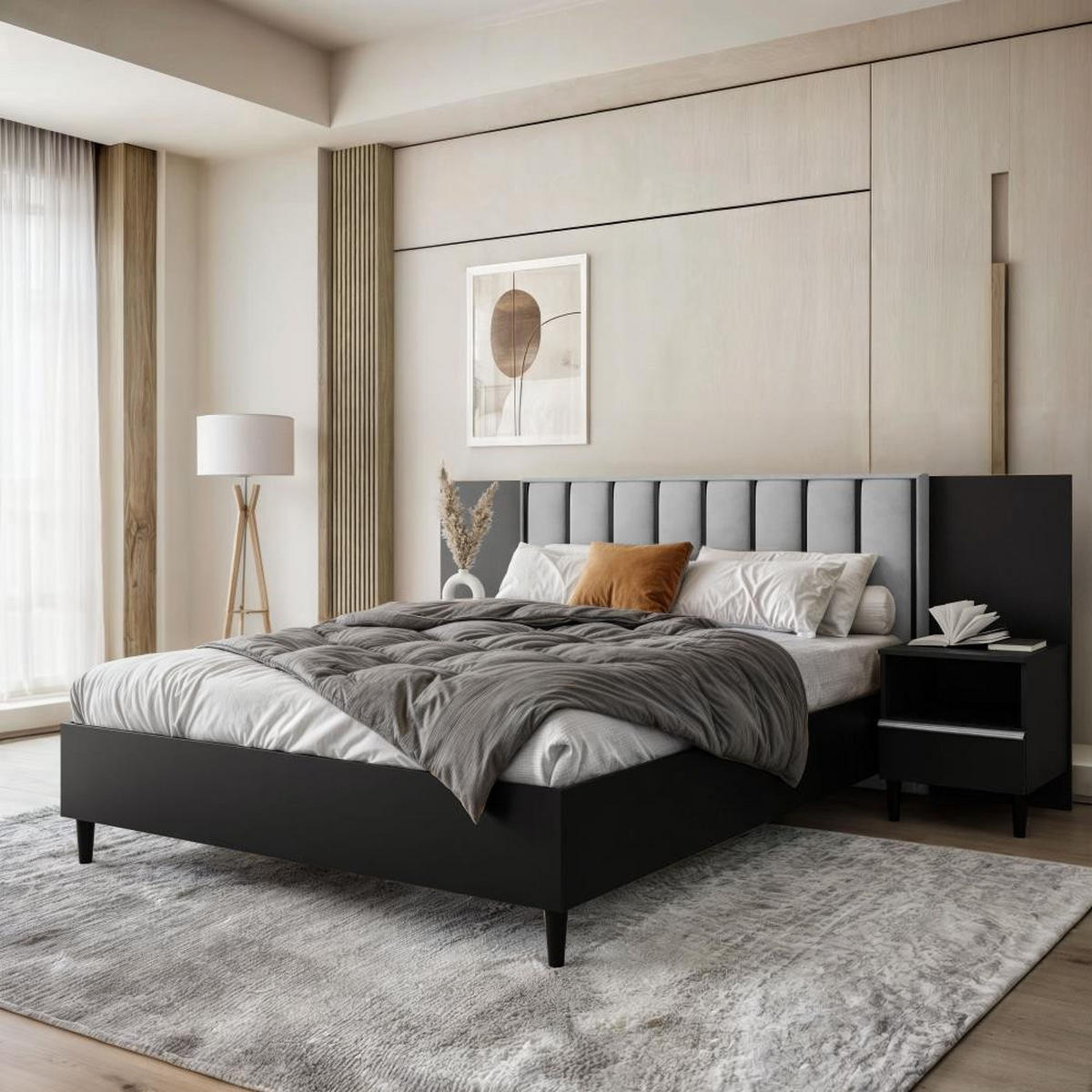 POLSTERBETT Stella 166/211/108 mit 1 Nachttisch grau - Schwarz/Grau, Holzwerkstoff/Textil (160/200cm) - Beautysofa