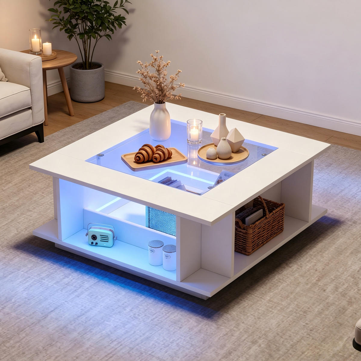 KONFERENČNÍ stůl bílý se skleněnou deskou a LED osvětlením do obývacího pokoje, 70×70×30 cm - bílá, kompozitní dřevo/sklo (70/70/30cm) - STILVORA