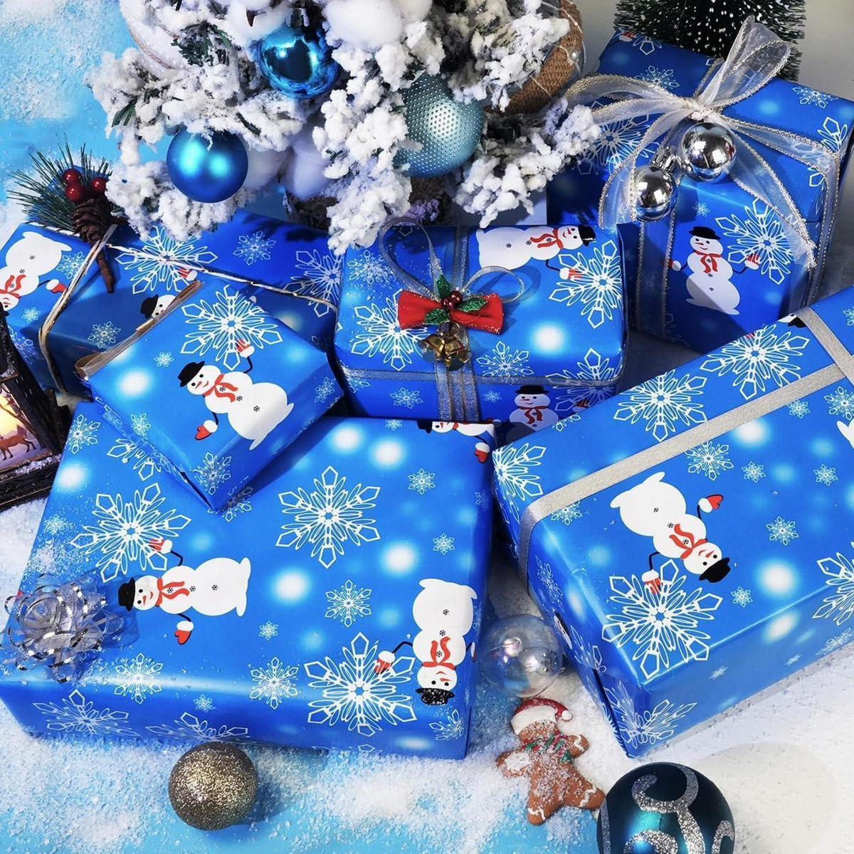 GESCHENKPAPIER Rolle Blau Schneemann Schneeflocke 43 cm x 15 m - Blau, Papier (43/0.1/1500cm)