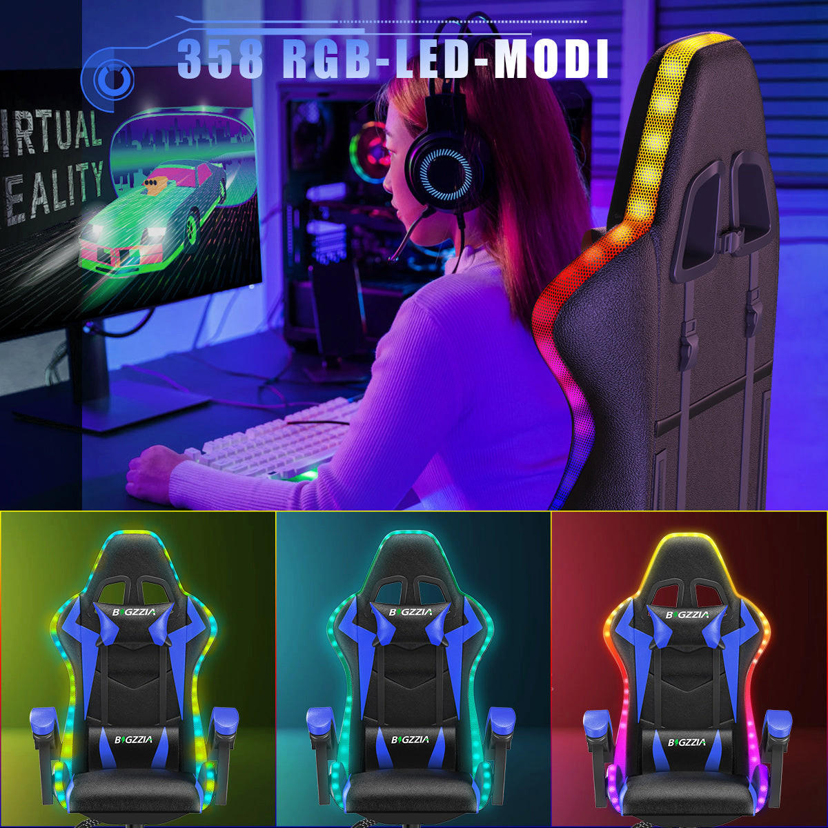 GAMING-STUHL LED, höhenverstellbar, Lenden- & Kopfstütze – Schwarz/Blau - Blau, Leder (53.5/117/54cm) - Rattantree