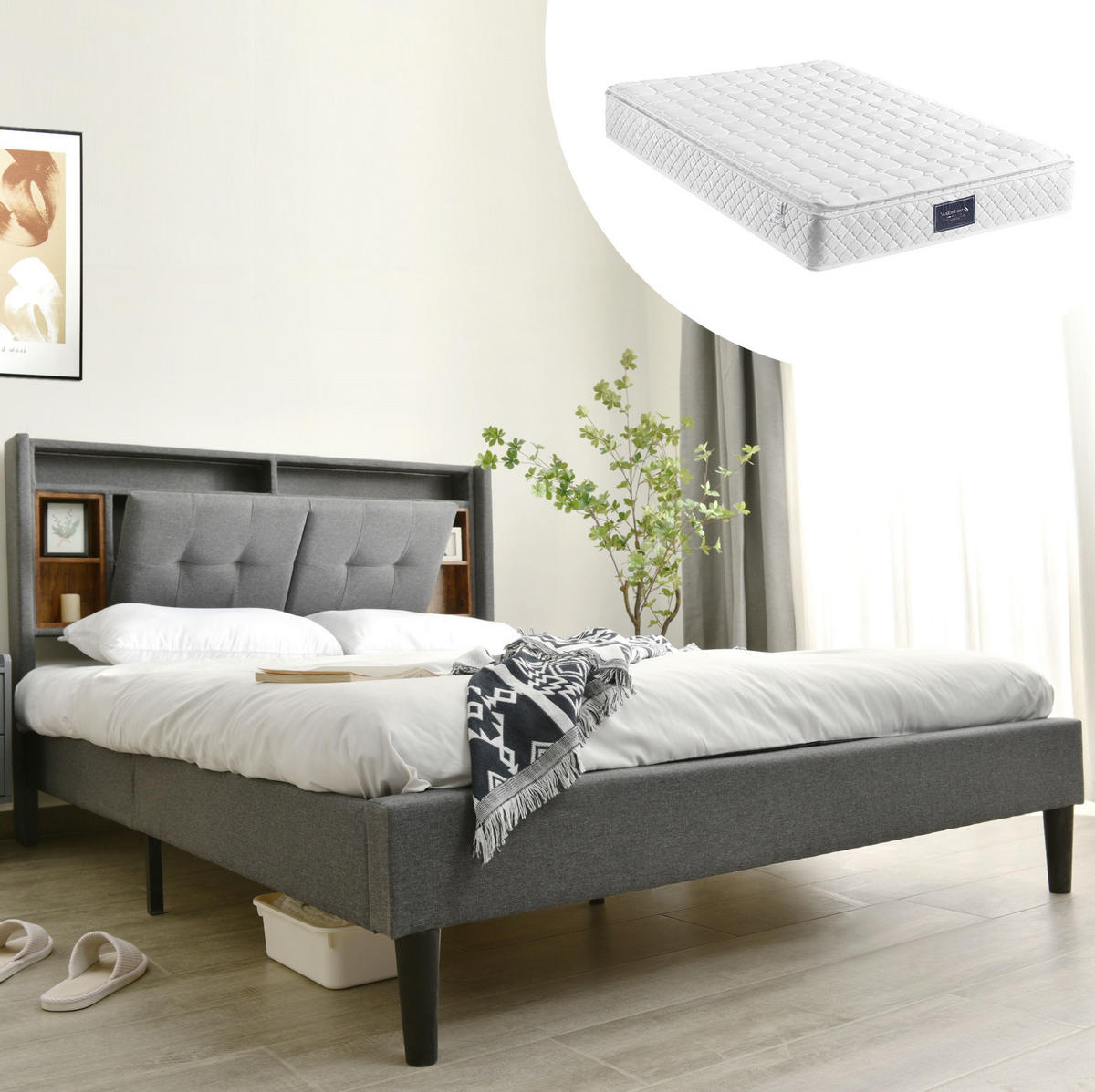 POLSTERBETT mit Stauraum-Kopfteil USB und LED 140x200 cm Grau inkl. Matratze - Grau, Holz (140/200cm) - Meubliv