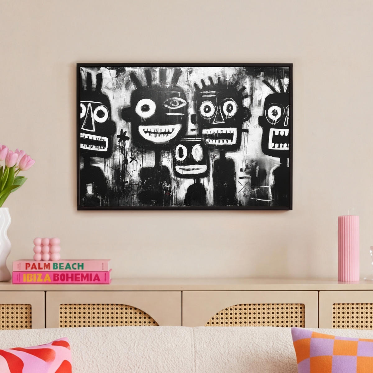 LEINWAND Bilder mit Rahmen - Malerei - Figuren - Schwarz - Abstrakt - 60x40 - Schwarz, Textil (60/40cm) - MuchoWow
