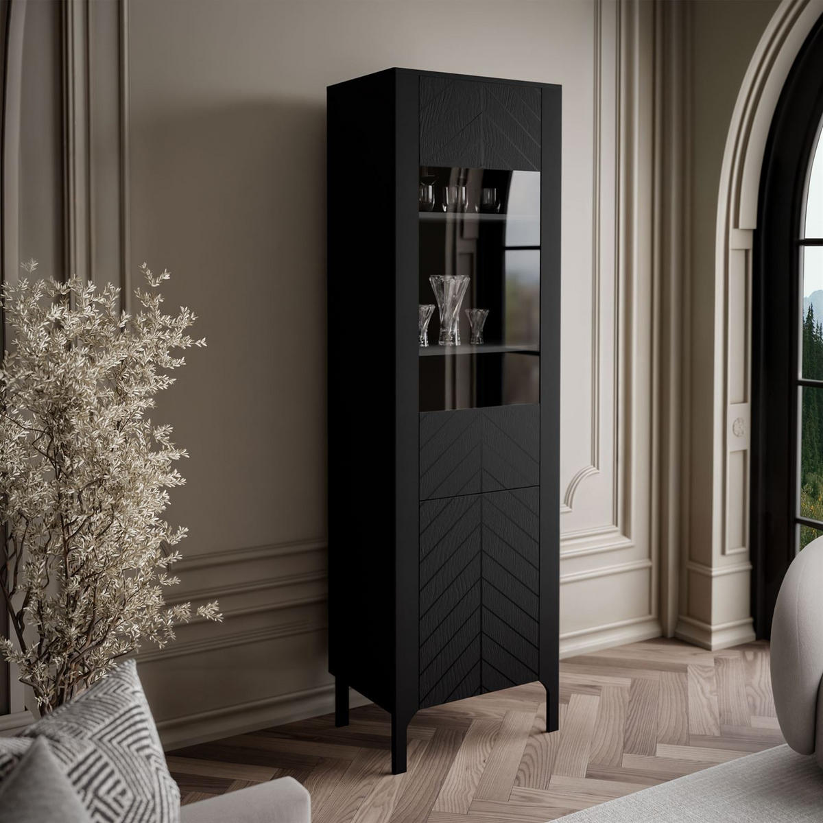 GLASVITRINE LUMI, Schwarz - Schwarz, Holzwerkstoff (60/197/41cm) - Lookway