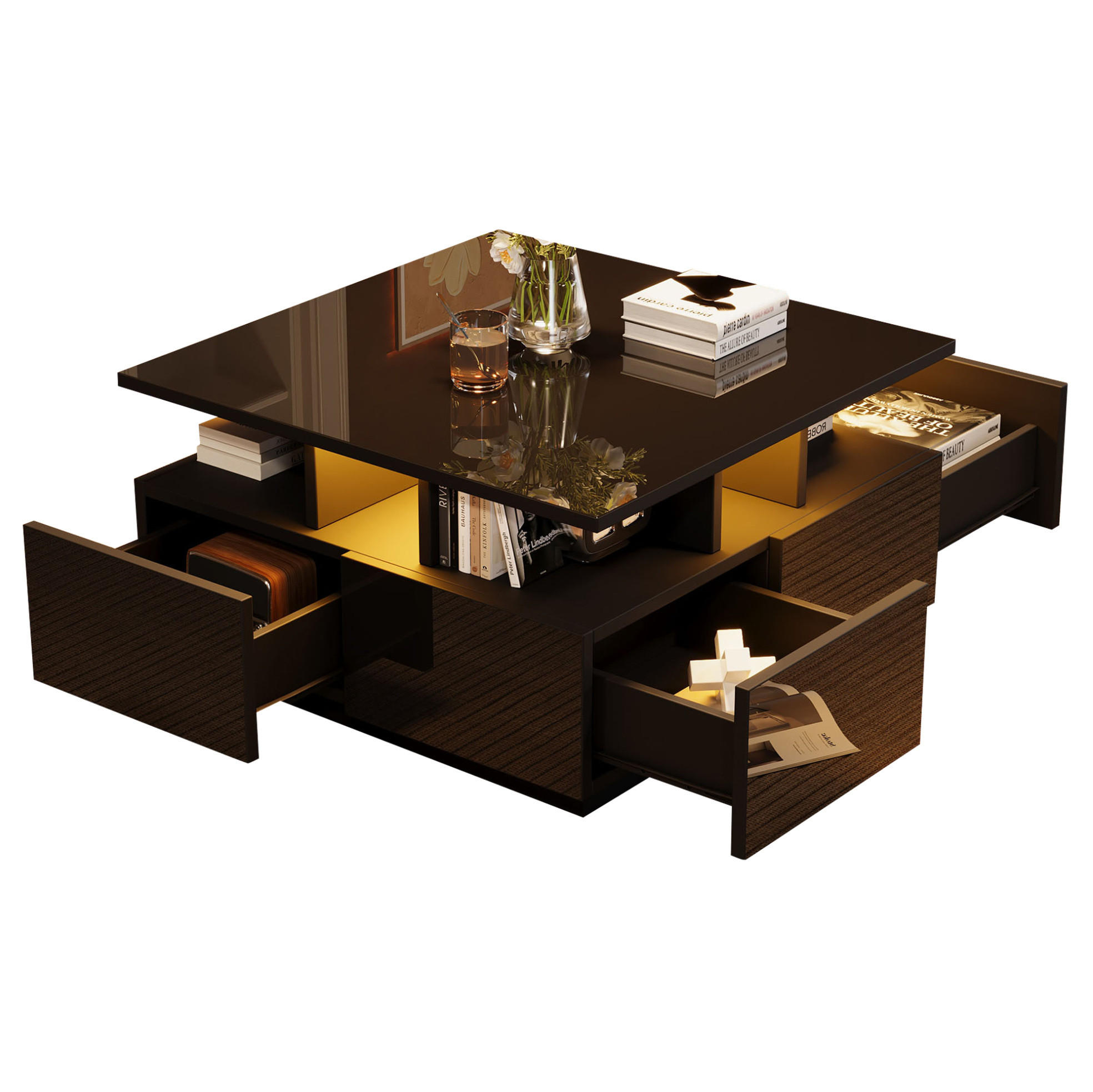 WÜRFEL-COUCHTISCH mit Hochglanz, 4 Schubladen & LED-App-Steuerung, 70/70/40 cm, Schwarz - Schwarz, Holzwerkstoff (70/70/40cm) - Redom