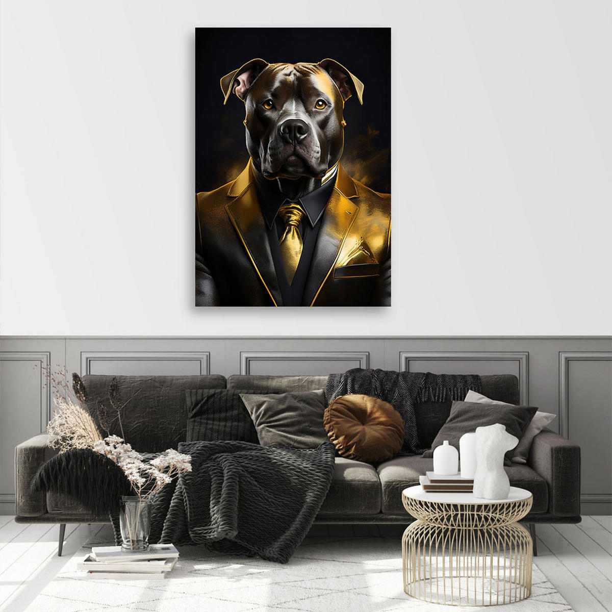 WANDBILD hundetiere im anzug - Goldfarben, Textil (80/120cm) - Feeby