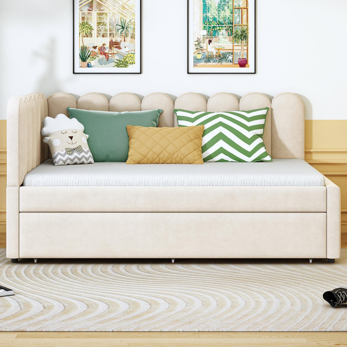 SCHLAFSOFA 140/200 cm in Beige Samt mit Ausziehbett - Beige, Holzwerkstoff/Textil (140/200cm) - WISHDOR