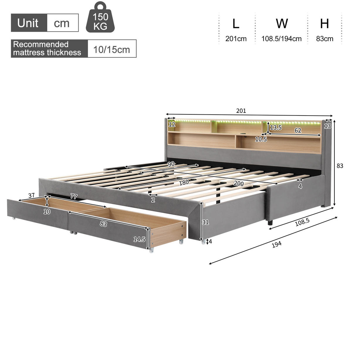 BETT 90/180/200 cm in Grau aus Samt mit LED-Beleuchtung und USB-/Type-C-Anschlüssen - Grau, Textil (180/200cm) - Flora Grace