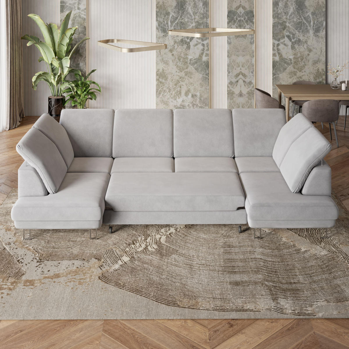 WOHNLANDSCHAFT TERAMO Hellgrau Velours-Stoff mit Schlaffunktion - Hellgrau, Holz (316/88/193cm) - MASSENO