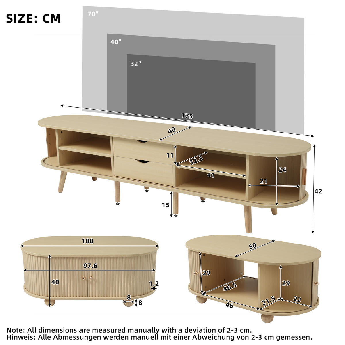 WOHNZIMMER-SET in Naturfarben mit Schubladen und Teleskoptüren für Wohnzimmer, B175/T40/H42 cm - Naturfarben, Holz/Holzwerkstoff (175/42/40cm) - STILVORA