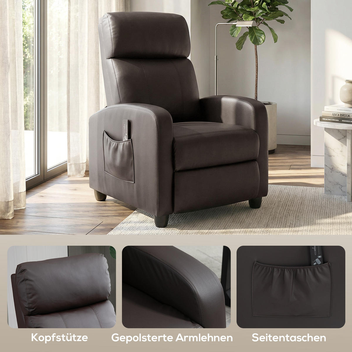 MASSAGESESSEL DE-06441 mit 150° neigbar, 2 Massagepunkte Braun - Braun, Metall (88/98/68cm) - ComfortXL
