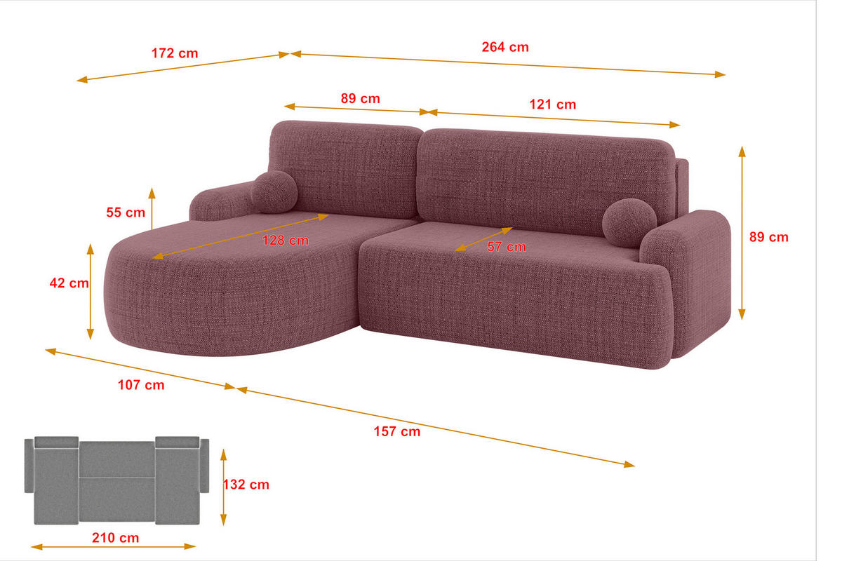 WOHNLANDSCHAFT mit Schlaffunktion und Bettkasten LIRA-L - 264x172x89 Altrosa - Altrosa, Holzwerkstoff/Textil (264/172cm) - ALTDECOR