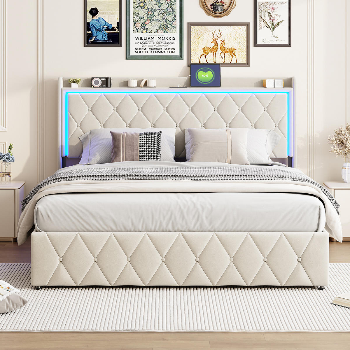 POLSTERBETT 160x200 cm LED Bettkasten USB Samt beige - Beige, Holz (160/200cm) - LEBENLANG