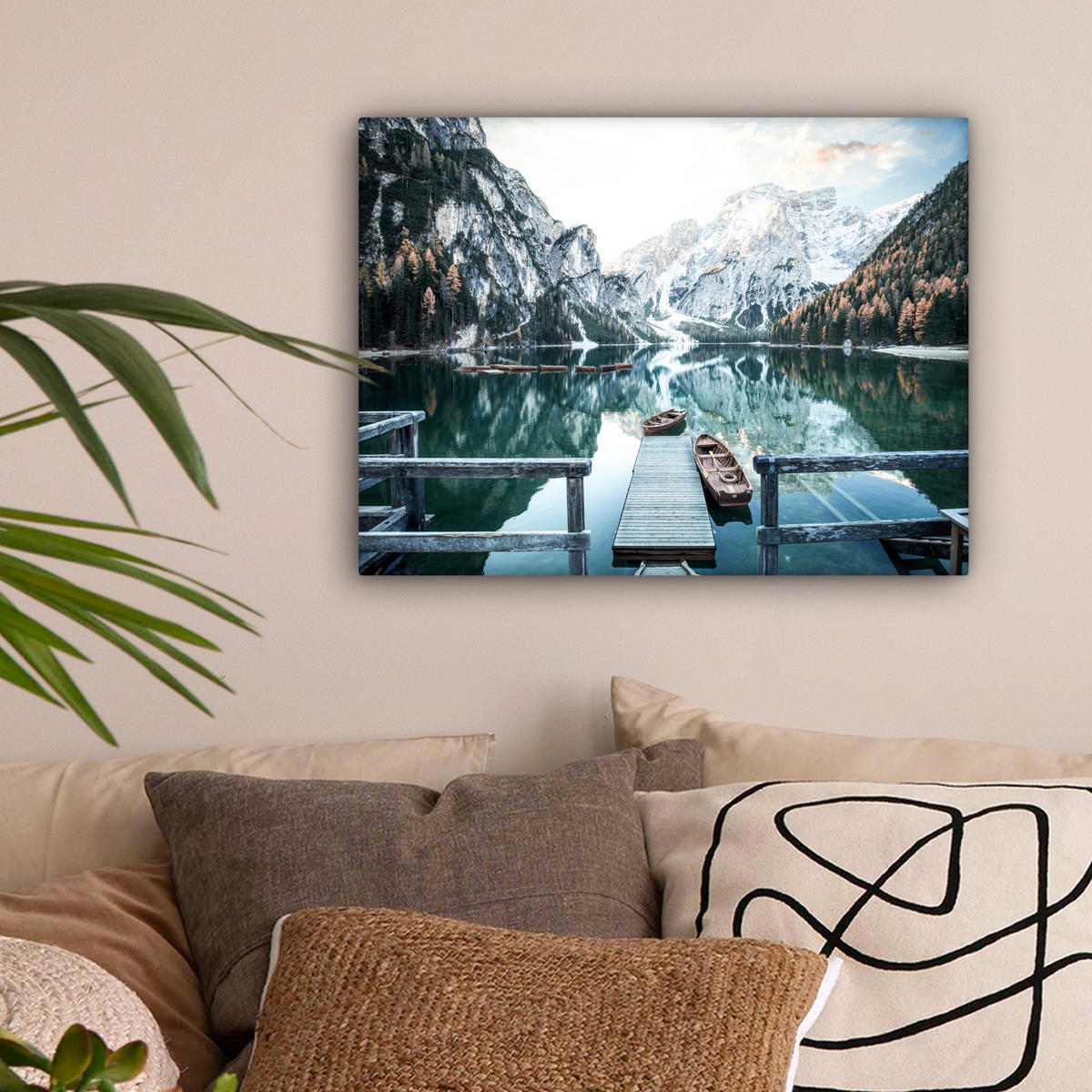 LEINWANDBILD Natur - Berge - Schnee - Wald - Boot 40x30 cm - Hellgrün, Textil (40/30cm) - MuchoWow