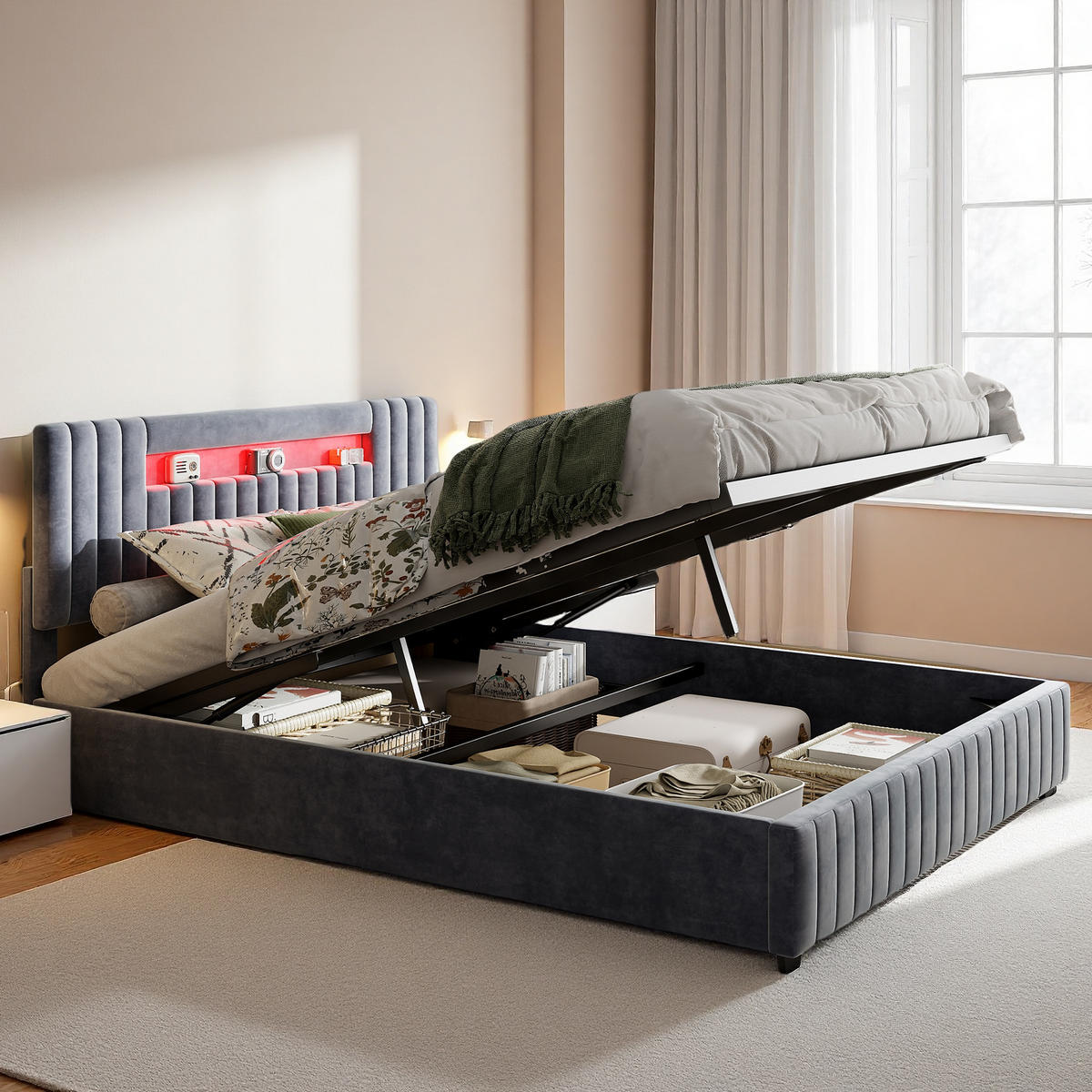 POLSTERBETT 140x200 cm LED Kopfteil Lattenrost Stauraum Samt grau - Grau, Holz (140/200cm) - LEBENLANG