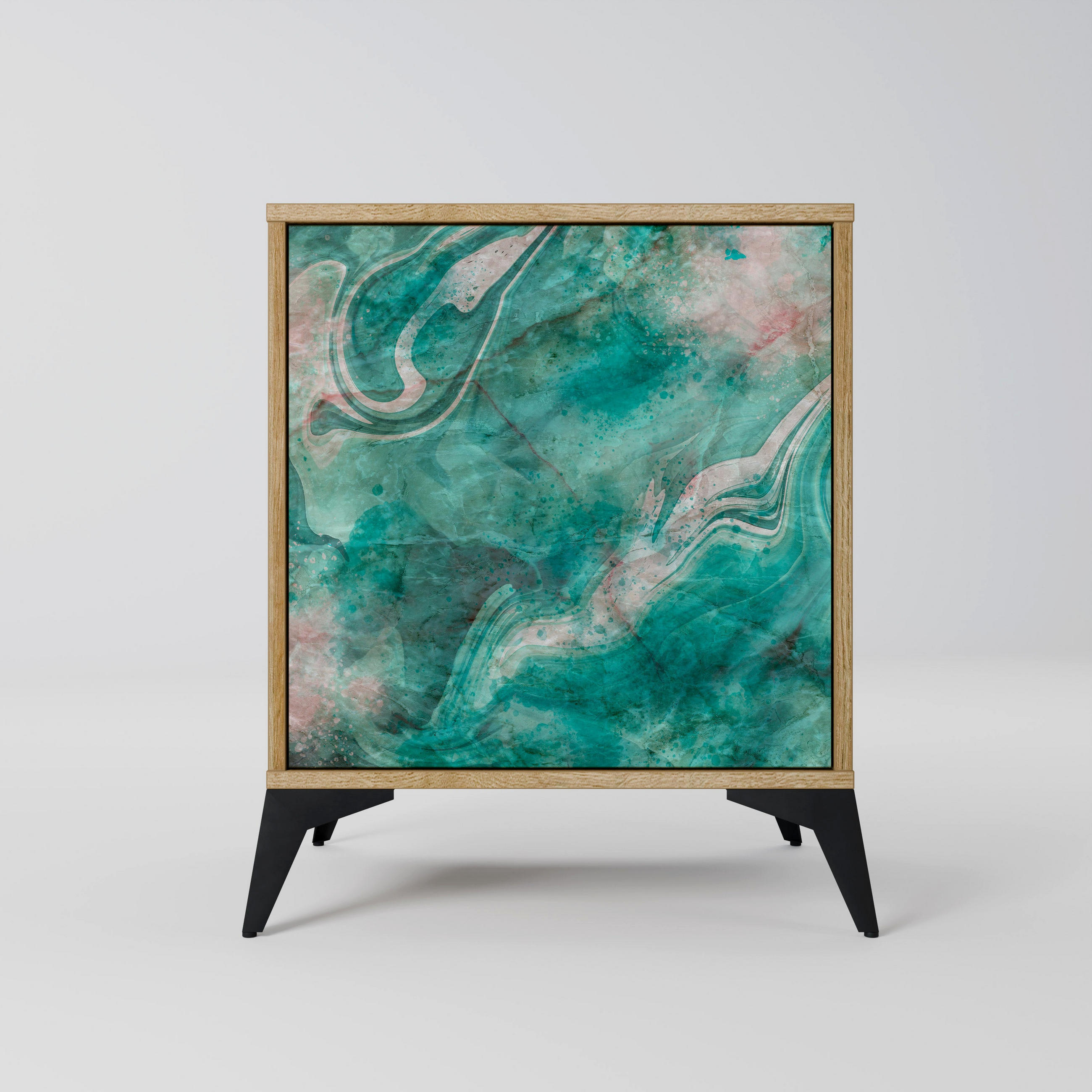 SIDEBOARD ABSTRACT ALCHEMY, Eichefarben, 57,5x42x70,5 cm, Schwarze Metall-Sternfüße - Eichefarben/Multicolor, Holzwerkstoff/Metall (57.5/70.5/42cm) - SpaceRebels