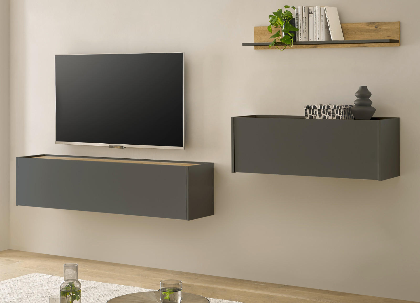 WOHNWAND grau matt, Eiche Wotan 270 cm, Wohnkombination hängend mit Sekretär - Eiche Wotan/Grau, Holzwerkstoff/Metall (270/170/30cm) - Furn.Design
