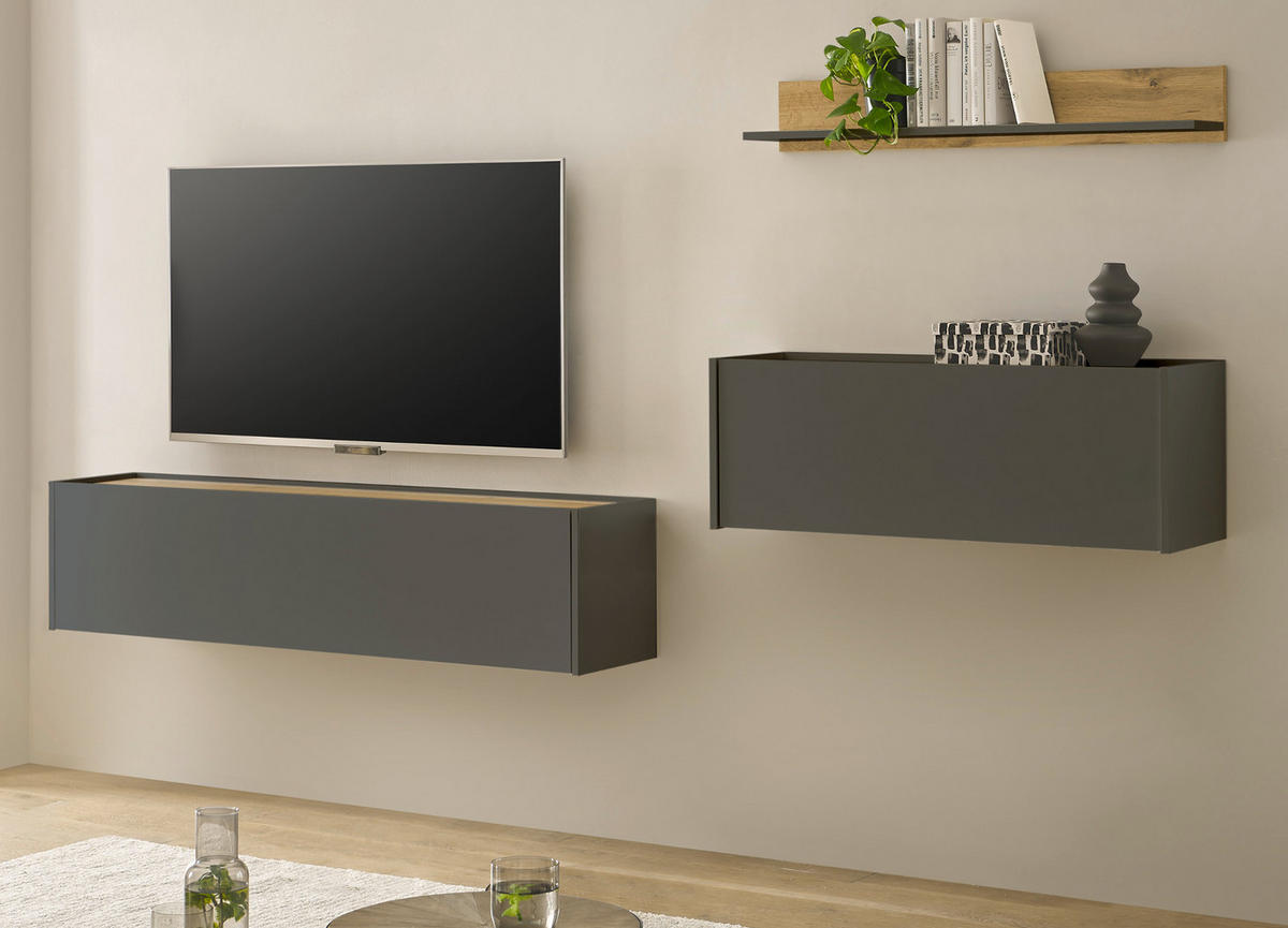 WOHNWAND grau matt, Eiche Wotan 270 cm, Wohnkombination hängend mit Sekretär - Eiche Wotan/Grau, Holzwerkstoff/Metall (270/170/30cm) - Furn.Design