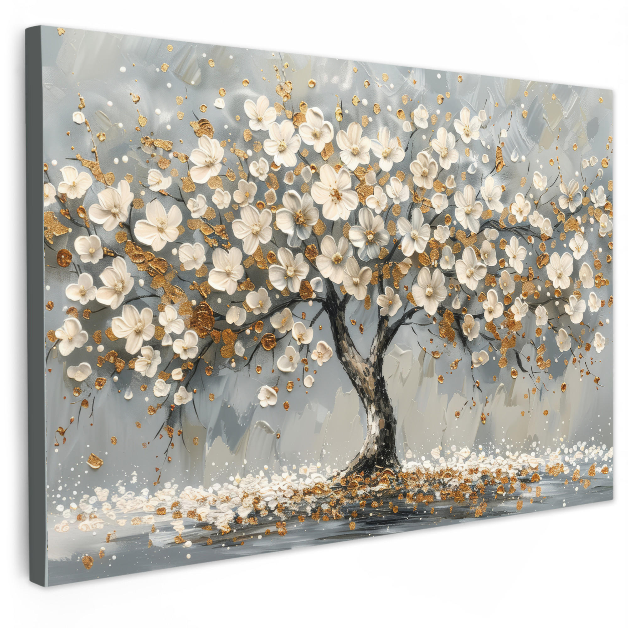 LEINWANDBILD Baum - Blumen - Weiß - Natur - Kunst XXL 150x100 cm - Weiß, Textil (150/100cm) - MuchoWow