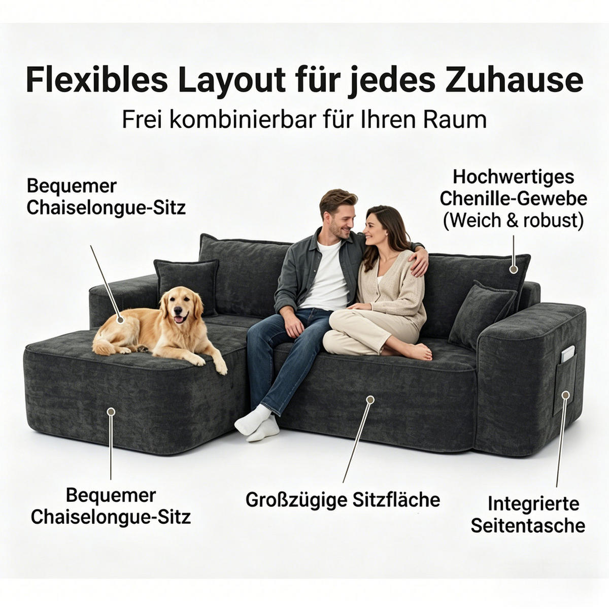 ECKSOFA Chenille-Stoff 262cm - Schwarz, Textil (144/262cm) - Raelunyi