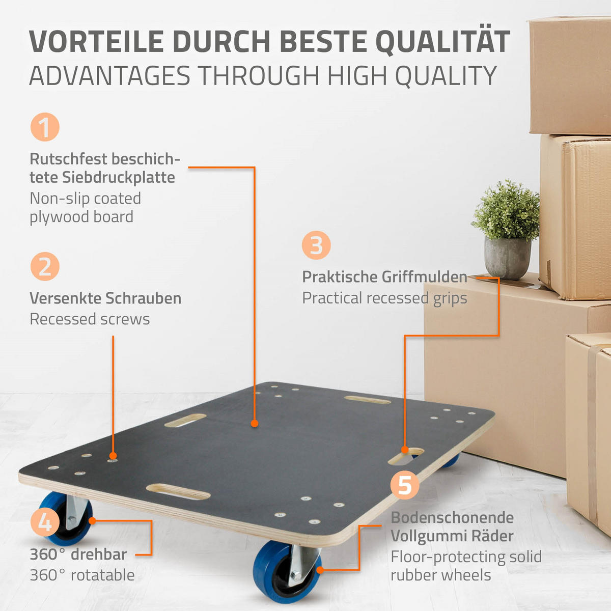 TRANSPORTROLLER 2er Set mit 4 Rollen 60x80 cm Traglast 800kg Siebdruck Holzplatte Black - Anthrazit, Holzwerkstoff (60/80/14.5cm) - ECD-Germany