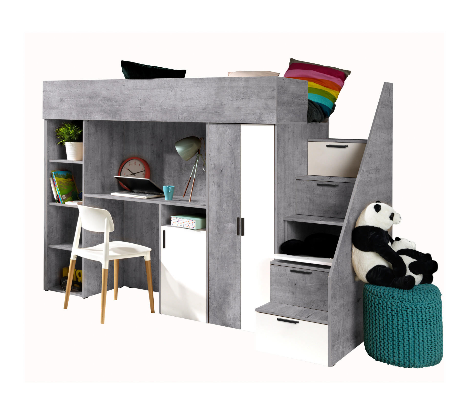 Abiks Möbel Hochbett Grau, Weiß 90x200 cm